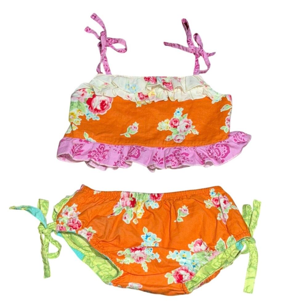 Sweet Honey Girls Size 5 Floral Ruffle 2-Piece Swimsuit Orange Pink Green Cotton